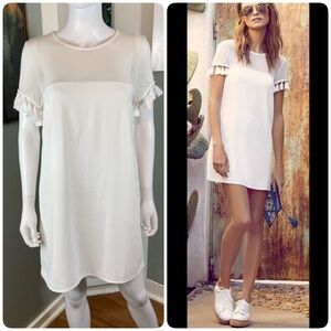 Lulu's Iced Latte White Shift Mesh Mini Dress Tassel Fringe Sleeves Medium M
